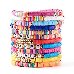 Preppy Bracelets, Polymer Clay Heishi Beads Stackable Bracelets, Stretch Beaded Bracelets Sets, Word Sun/Happy/Love, Golden, Mixed Color, Inner Diameter: 2-1/8 inch(5.5cm), 12pcs/set(BJEW-JB06196)