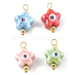 Handmade Porcelain Pendants, with Golden Tone Brass Findings, Star with Evil Eye, Mixed Color, 18.5x11.5x8mm, Hole: 2.5mm(PALLOY-JF02213)