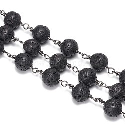 3.28 Feet Handmade Natural Lava Rock Beaded Chains, Unwelded, with Brass Findings, Round, Gunmetal, 6mm(X-CHC-F007-01-6mm)