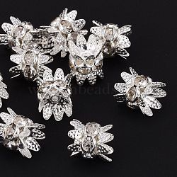 Brass Rhinestone Bead Caps, Cap Spacer, Flower, Silver Color Plated, Clear, Size: about 8mm in diameter, 9mm thick, hole: 0.8mm(RB-H042-14)