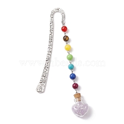 7 Chakra Gemstone Bead & Natural Amethyst Glass Heart Wishing Bottle Pendant Bookmarks, Alloy Hook Bookmarks, 153mm(AJEW-JK00313-05)