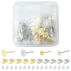 120Pcs 4 Style 304 Stainless Steel Stud Earring Findings, Earring Pads, Flat Round, with 30Pcs 304 & 30Pcs 201 Stainless Steel & 200Pcs Plastic Ear Nuts, Golden & Stainless Steel Color, 12x4~6mm, Pin: 0.7~0.8mm, 30Pcs/style(STAS-FS0001-25)