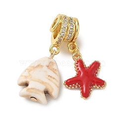 Brass Micro Pave Clear Cubic Zirconia Pendants, Fish & Starfish Charms, with Enamel and Resin, Cadmium Free & Lead Free, Long-Lasting Plated, Rack Plating, Real 18K Gold Plated, 28mm, Hole: 3mm and 4mm(KK-CBA74BF-06G)
