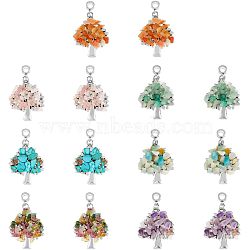 28Pcs 7 Styles Chakra Alloy European Dangle Charms, Large Hole Pendant, with Natural & Synthetic Gemstone Chip Beads, Tree, Antique Silver, 28~38x24x3~5mm, Hole: 4~4.5mm, 4pcs/style(G-FH0001-81)