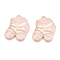 Rack Plating Alloy Enamel Pendants, Cadmium Free & Nickel Free & Lead Free, Light Gold, Sock with Star Charm, Pink, 21x16x2.5mm, Hole: 2mm(ENAM-N056-386KCG-01)