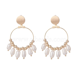 Natural Pearl Dangle Stud Earrings, Brass Big Ring Drop Earrings for Women, Golden, 59mm, Pin: 0.7mm(EJEW-TA00069)