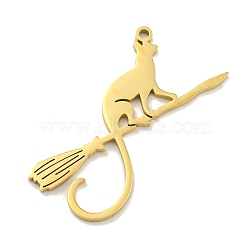 304 Stainless Steel Pendants, Laser Cut, Cat with Broom Charm, Golden, 35x33x1mm, Hole: 1.5mm(STAS-Q255-08G)