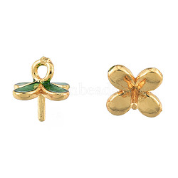 Brass Enamel Peg Bails Pendants, For Half Drilled Beads, Real 14K Gold Plated, Nickel Free, Clover, Green, 7.5x8x8mm, Hole: 1.6mm(KK-N259-29)