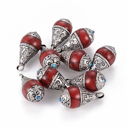 Handmade Tibetan Style Pendants, with Synthetic Coral, teardrop, Red, Antique Silver, 32~34x14~15mm, Hole: 3mm(TIBEB-D002-6)