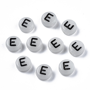 Acrylic Beads, with Enamel and Luminous, Horizontal Hole, Flat Round with Black Letter, Glow in the Dark, Light Grey, Letter.E, 7x3.5mm, Hole: 1.5mm, about 3600~3700pcs/500g