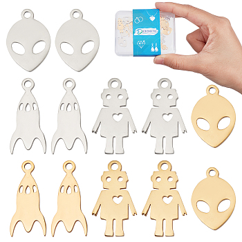 DICOSMETIC 24Pcs 6 Style 201 Stainless Steel Laser Cut Pendants, Mixed Shapes, Golden & Stainless Steel Color, 13~15x12.5~14x1mm, Hole: 1.4~1.5mm, 4pcs/style