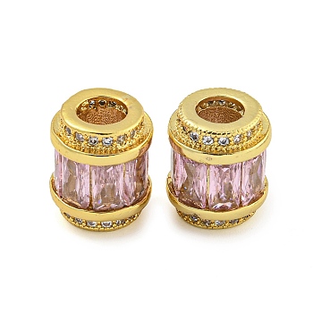 Rack Plating Brass Micro Pave Cubic Zirconia European Beads, Long-Lasting Plated, Lead Free & Cadmium Free, Column, Real 18K Gold Plated, Pearl Pink, 11.5x10mm, Hole: 4.5mm