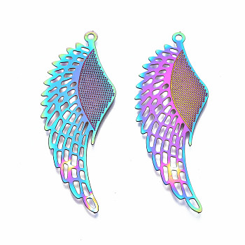 304 Stainless Steel Pendants, Ion Plating(IP), Wing, Rainbow Color, 50.5x18.5x0.3mm, Hole: 1.5mm