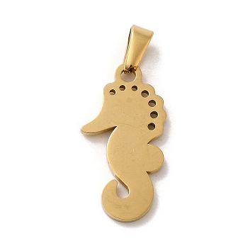 Vacuum Plating 304 Stainless Steel Pendants, Laser Cut, Sea Horse Charm, Golden, 22x12x1.5mm, Hole: 2x5mm