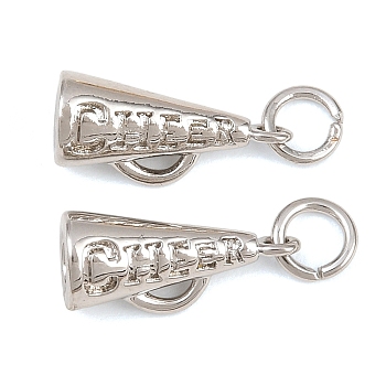 Brass Charms, Trumpet with Word CHEER Charms, Rack Plating, Long-Lasting Plated, Lead Free & Cadmium Free, Platinum, 14.5x7x6mm, Hole: 3mm