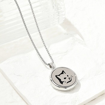 316 Surgical Stainless Steel Aromatherapy Diffuser Perfume Hollow Flat Round Pendant Box Chain Necklaces, Stainless Steel Color, Cat Shape, 27.95 inch(71cm)