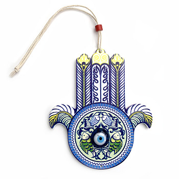 Wood Hamsa Hand/Hand of Miriam with Evil Eye Hanging Ornament, for Car Rear View Mirror Decoration, Colorful, 90x65mm