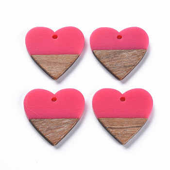 Opaque Resin & Walnut Wood Pendants, Two Tone, Heart, Hot Pink, 24x25x3mm, Hole: 2mm