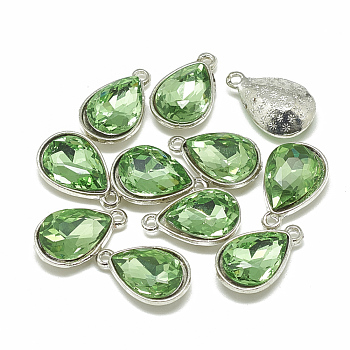Alloy Glass Charms, Faceted, teardrop, Platinum, Light Green, 14.5x9x5mm, Hole: 1.5mm