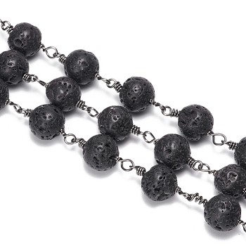 3.28 Feet Handmade Natural Lava Rock Beaded Chains, Unwelded, with Brass Findings, Round, Gunmetal, 6mm