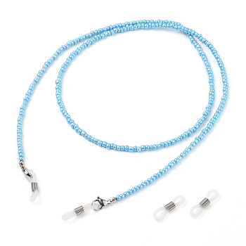 Eyeglasses Chains, Neck Strap for Eyeglasses, with Ceylon Glass Seed Beads, 304 Stainless Steel Lobster Claw Clasps, Brass Beads and Rubber Loop Ends, Light Blue, 27.55 inch(70cm)
