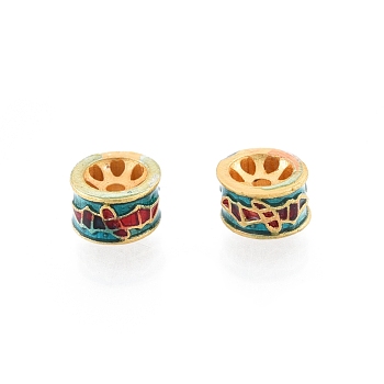 Alloy Enamel Beads, Matte Gold Color, Column with Copper Coin & Bat, Dark Cyan, 6x3.5mm, Hole: 1.2mm
