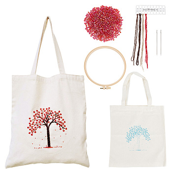 DIY Canvas Shoulder Bag Embroidery Starter Kit, Rectangle with Tree Pattern, Including Cotton Cords, Plastic Embroidery Hoops, Iron Needles, Glass Beads, Mixed Color, Bag: 620mm