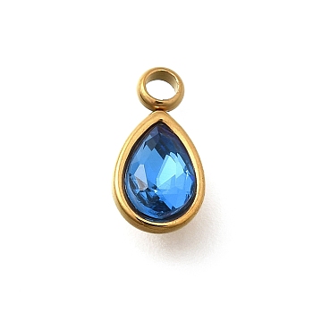 304 Stainless Steel Pendants, with Rhinestone, Real 18K Gold Plated, Ion Plating(IP), Teardrop, Light Sapphire, 10.5x5.5x0.5mm, Hole: 1.8mm