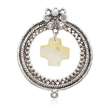 Ring Antique Silver Plated Alloy Links connectors, with Acrylic Cross Charms, Light Yellow, 59x49x10mm, Hole: 2mm