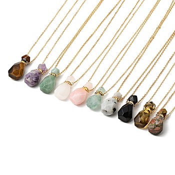 Openable Faceted Natural & Synthetic Mixed Stone Perfume Bottle Pendant Necklaces for Women, 304 Stainless Steel Cable Chain Necklaces, Golden, 18.54 inch(47.1cm)