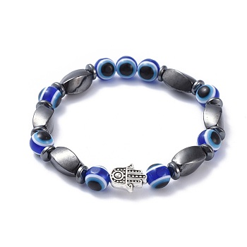 Evil Eye Resin Beads Stretch Bracelets, with Non-Magnetic Synthetic Hematite Beads and Tibetan Style Alloy Beads, Hamsa Hand/Hand of Fatima/Hand of Miriam, Blue, 2-1/4 inch(5.7cm)