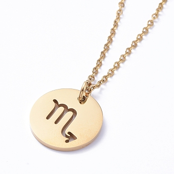 304 Stainless Steel Pendant Necklaces, with Cable Chains and Lobster Claw Clasps, Flat Round with Twelve Constellations, Golden, Scorpio, 17.7 inch(45cm), 2mm
