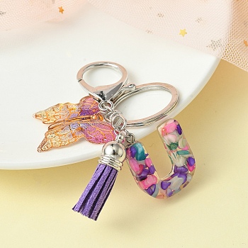 Resin Letter & Acrylic Butterfly Charms Keychain, Tassel Pendant Keychain with Alloy Keychain Clasp, Letter U, 9cm