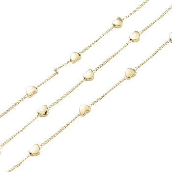 3.28 Feet Handmade Brass Twisted Chains, Curb Chains, Soldered, with Heart Beads, Long-Lasting Plated, Real 18K Gold Plated, 1x1mm, Heart: 4.5x5.5x2.5mm