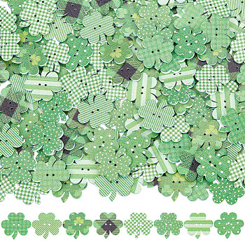 4 Sets 2-Hole Wood Buttons, Clover, for Saint Patrick's Day, Mixed Color, 22.5~23x24.5~25x2.2~2.3mm, Hole: 1.5mm, 50pcs/set