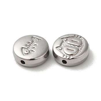 304 Stainless Steel Beads, Flat Round with Cat & Bone Fish, Stainless Steel Color, 11x4mm, Hole: 1.5mm