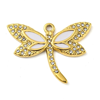 Ion Plating(IP) Real 18K Gold Plated 304 Stainless Steel Rhinestone Pendants, with Enamel, Dragonfly Charms, White, 21x27.5x2mm, Hole: 1.7mm
