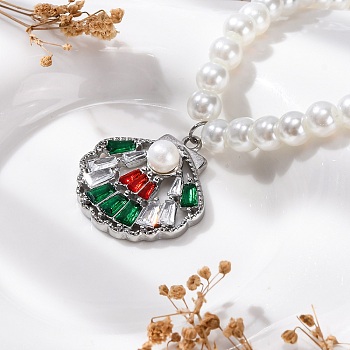 304 Stainless Steel Colorful Cubic Zirconia Shell Shape Pendant Necklaces, White Plastic Pearl Beaded Necklaces for Women, Stainless Steel Color, 18.50 inch(47cm)