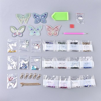 DIY Diamond Painting Stickers Kits For Key Chain Making, with Diamond Painting Stickers, Resin Rhinestones, Diamond Sticky Pen, Lobster Clasps, Chain, Tray Plate and Glue Clay, Butterfly, Mixed Color, 61x80x2mm