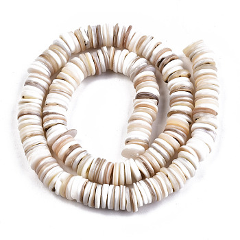 Natural Freshwater Shell Beads Strands, Disc/Flat Round, Heishi Beads, Shell Shards, Wheat, 9~10x1~2.5mm, Hole: 0.7mm, about 196pcs/Strand, 15.04 inch(38.2cm)