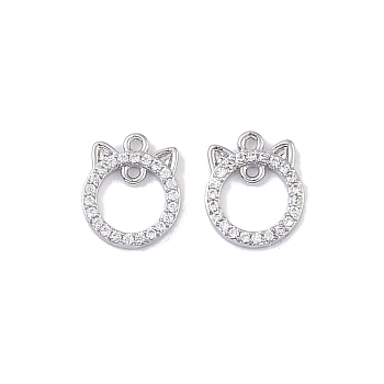 Brass Micro Pave Clear Cubic Zirconia Connector Charms, Hollow Cat Links, Real Platinum Plated, 10x8x1.4mm, Hole: 0.8mm