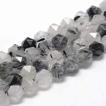 Natural Black Rutilated Quartz Beads Strands, Star Cut Round Beads, Faceted, 6~7x5~6mm, Hole: 1mm, about 64~66pcs/strand, 15.3 inch