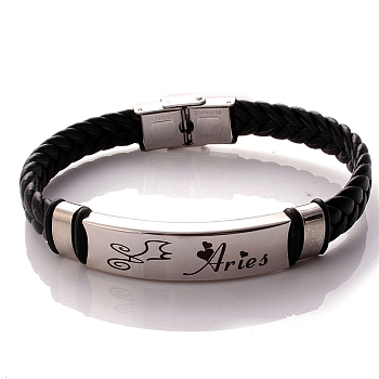 Braided Leather Cord Bracelets, Constellation Bracelet for Men, Aries, 8-1/4 inch(21cm)