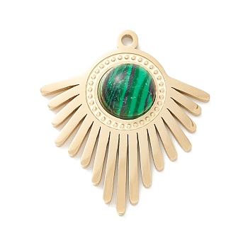 Ion Plating(IP) 304 Stainless Steel Pendants with Synthetic Malachite, Fan, Golden, 27x24.5x5.5mm, Hole: 1.4mm