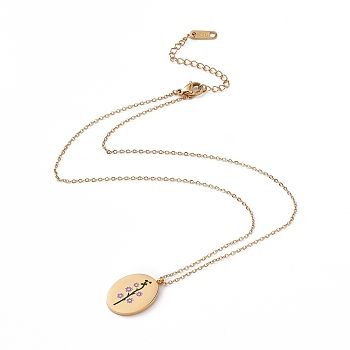 Enamel Oval with Birth Flower Pendant Necklace, Golden 304 Stainless Steel Jewelry for Women, July Larkspur, 15.67~16.26 inch(39.8~41.3cm)