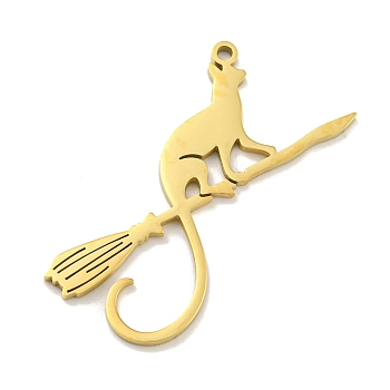 304 Stainless Steel Pendants, Laser Cut, Cat with Broom Charm, Golden, 35x33x1mm, Hole: 1.5mm
