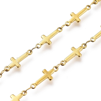 304 Stainless Steel Cross Link Chains, Ion Plating(IP), with Spool, Soldered, Real 18K Gold Plated, Cross: 13.5x5x1mm, Link: 3.5x2x0.2mm, about 16.4 Feet(5m)/roll