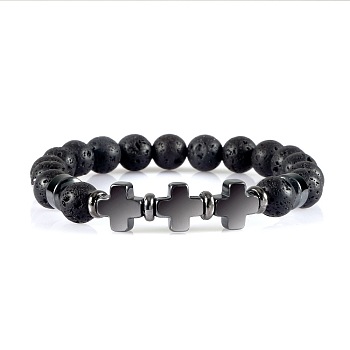 Round Natual Lava Rock Beaded Stretch Bracelets, Cross Synthetic Non-magnetic Hematite Bracelets for Women Men