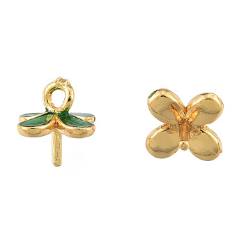 Brass Enamel Peg Bails Pendants, For Half Drilled Beads, Real 14K Gold Plated, Nickel Free, Clover, Green, 7.5x8x8mm, Hole: 1.6mm