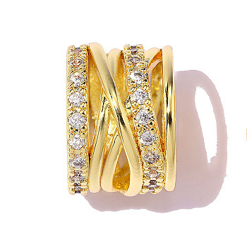 Criss Cross Brass Clear Cubic Zirconia European Beads, Column Large Hole Bead, Ion Plating(IP), Mirror Polished Finish, Real 18K Gold Plated, 10x7mm, Hole: 7.1mm